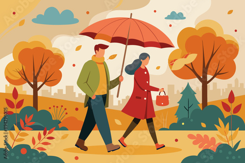 A man and a woman, both holding an umbrella, stroll happily in the rain. A man and a woman are strolling together in the rain under an umbrella to stay dry amidst the downpour