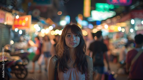Young Woman Walking Through Busy Night Market Street