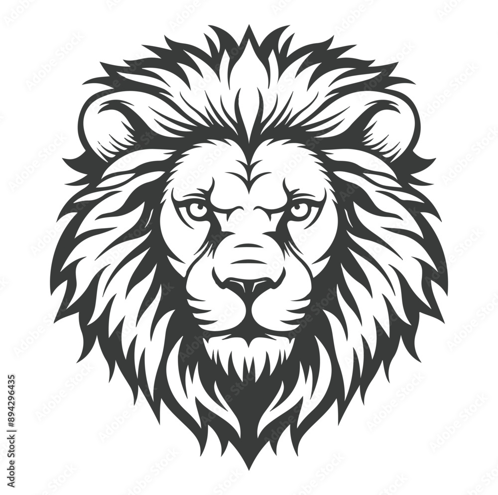 Obraz premium Black and white outline of a lions head with a large mane ,lion head logo simple ,generative ai