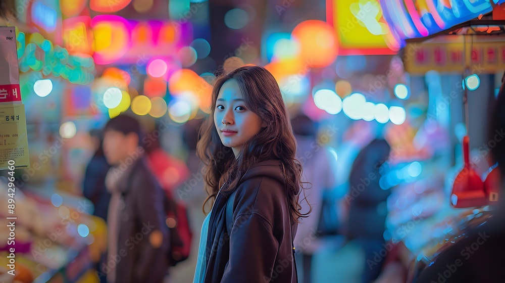 Obraz premium Young Woman Exploring Vibrant Night Market with Neon Lights