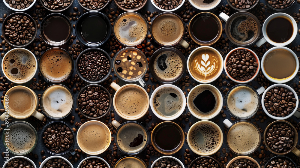 A mix of different coffee cups and beans , collage, copy space A mix of different coffee cups and beans , collage, copy space