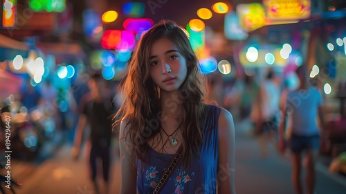 Portrait Of Young Woman In Colorful Night Street Scene © Wachirasak Jamwimol