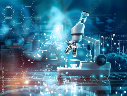 Science laboratory research and development concept. Microscope with test tube in science learning and experiment environment.