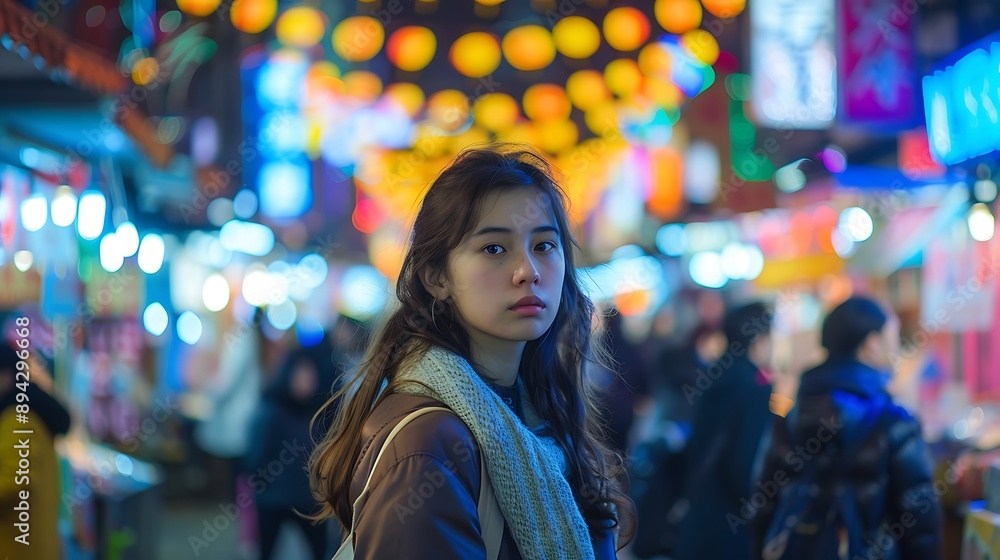 Candid Portrait Of Woman In Vibrant Night Market Candid Portrait Of Woman In Vibrant Night Market