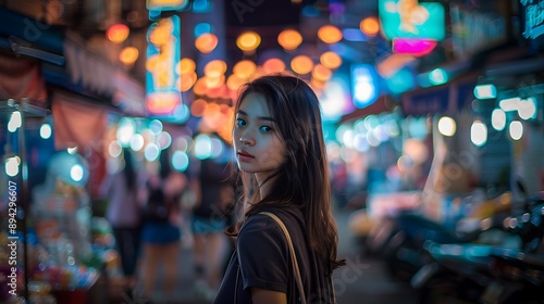 Young Woman in Vibrant Night Street with Colorful Lights