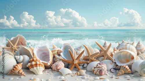 Fototapeta Naklejka Na Ścianę i Meble -  A collection of seashells and beach scenes , collage, copy space