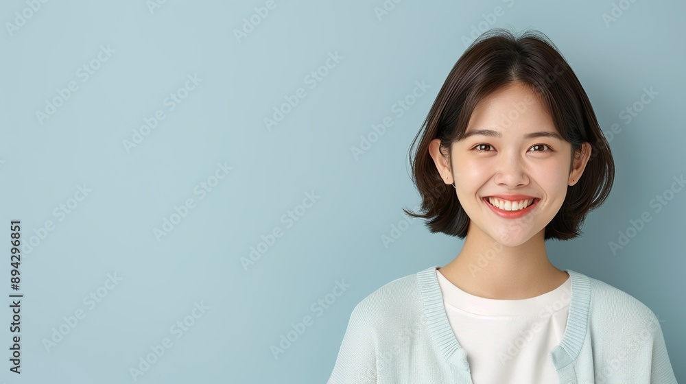 Realistic photograph of a smiling Thai woman on a plain background, showcasing her beauty and joyful expression through her happy smile. Realistic photo, Portrait , Minimalism, Realistic photograph of a smiling Thai woman on a plain background, showcasing her beauty and joyful expression through her happy smile. Realistic photo, Portrait , Minimalism,