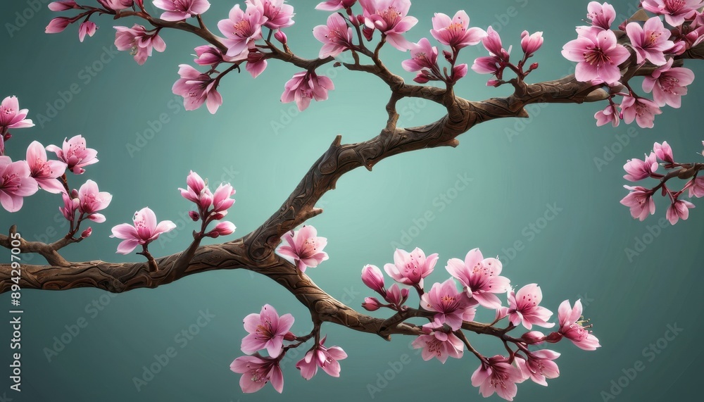 Pink Cherry Blossom Branch on Teal Background. Pink Cherry Blossom Branch on Teal Background.