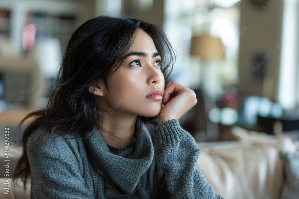 Side view photo of female Hispanic person in stress sitting in front of sofa in living room Side view photo of female Hispanic person in stress sitting in front of sofa in living room