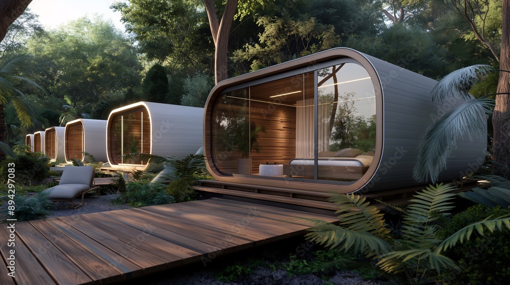 Obraz premium Modern Minimalist Eco-Friendly Capsule Homes in a Tranquil Forest Setting: A row of sleek, modern capsule homes nestled amidst lush greenery, showcasing sustainable and minimalist