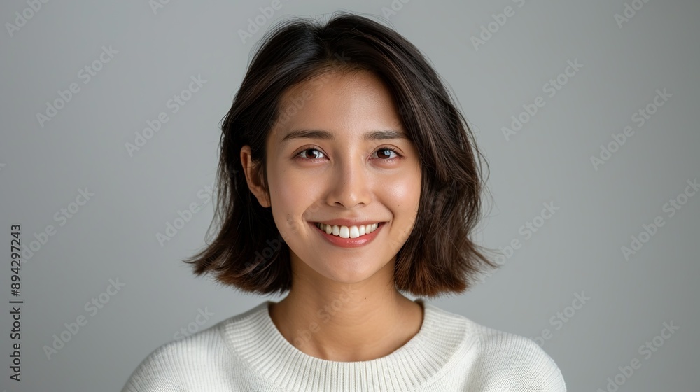 Realistic portrait of a Laotian woman with a bright smile on a plain background, capturing her happy spirit and natural beauty through her expressive features. Realistic photo, Portrait , Minimalism, Realistic portrait of a Laotian woman with a bright smile on a plain background, capturing her happy spirit and natural beauty through her expressive features. Realistic photo, Portrait , Minimalism,