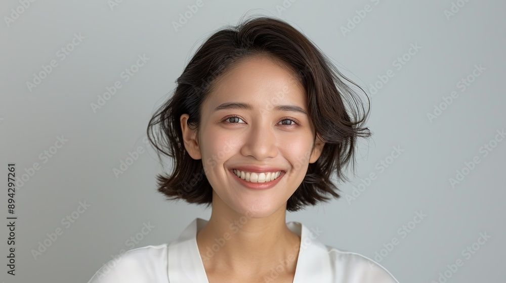 Realistic portrait of a Laotian woman with a bright smile on a plain background, capturing her happy spirit and natural beauty through her expressive features. Realistic photo, Portrait , Minimalism, Realistic portrait of a Laotian woman with a bright smile on a plain background, capturing her happy spirit and natural beauty through her expressive features. Realistic photo, Portrait , Minimalism,