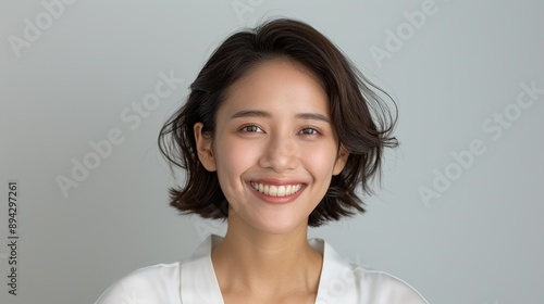 Realistic portrait of a Laotian woman with a bright smile on a plain background, capturing her happy spirit and natural beauty through her expressive features. Realistic photo, Portrait , Minimalism,