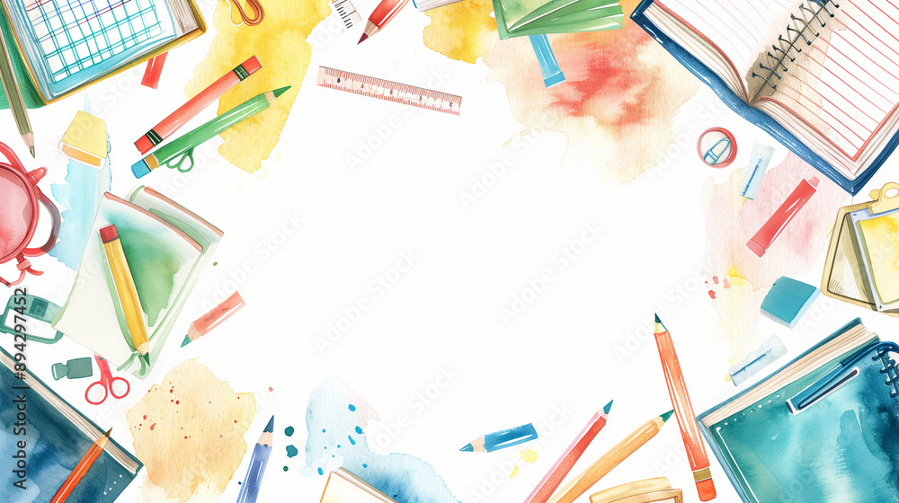 A watercolor background with scattered school supplies (pencils, notebooks, rulers) surrounding a central white space , background, school, students, watercolor style A watercolor background with scattered school supplies (pencils, notebooks, rulers) surrounding a central white space , background, school, students, watercolor style