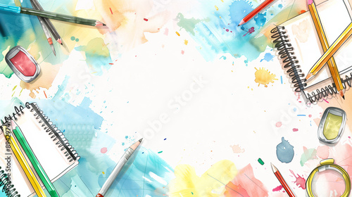 A watercolor background with scattered school supplies (pencils, notebooks, rulers) surrounding a central white space , background, school, students, watercolor style