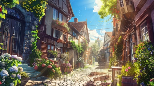 Fototapeta Naklejka Na Ścianę i Meble -  A sunny sky brightens a quaint village, with sunlight streaming through narrow streets and illuminating charming houses