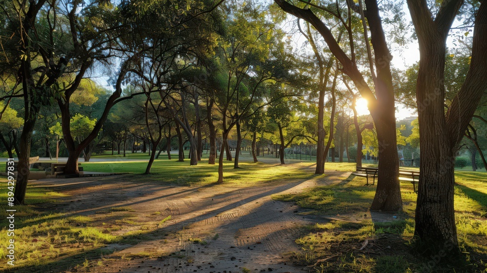 Naklejka premium A sunny sky illuminates a quiet park, with sunlight filtering through the trees and creating dappled patterns on the ground