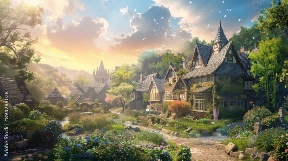 Naklejka premium A sunny sky over a charming countryside village brings out the beauty and simplicity of the place, with sunlight illuminating the quaint houses and gardens