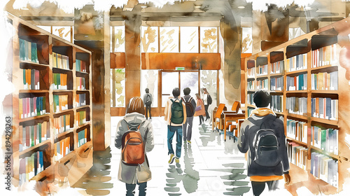 Watercolor scene of a library with books and students, leaving a white space in the center , background, school, students, watercolor style © Yaroslav Stepannikov