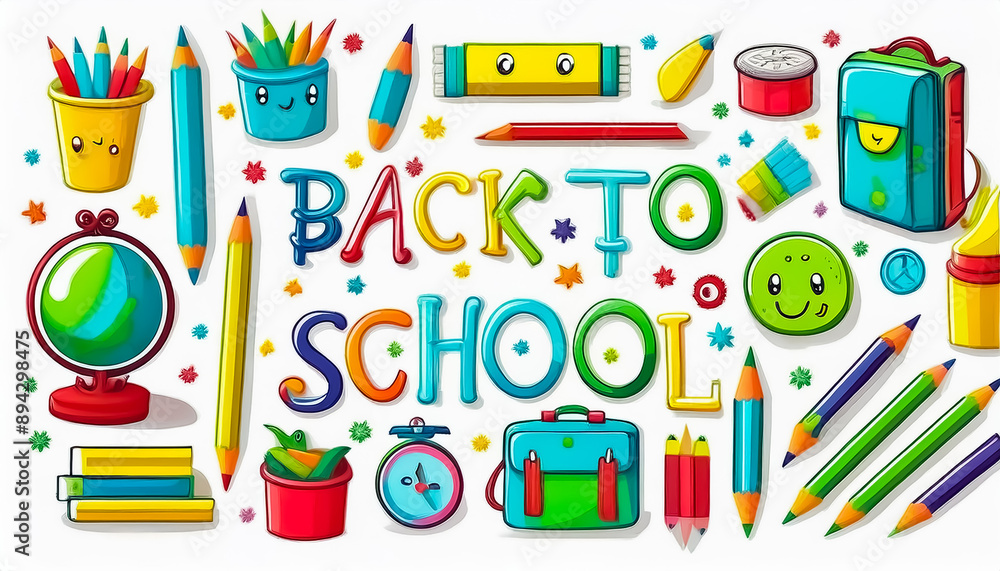 Fototapeta premium Back to school greeting text with stationery items such as books, bags, pencils, globe, ruler, eraser, notebook