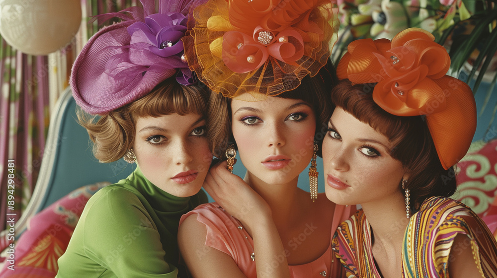 Retro fashion photography with models in 1960s and 1970s attire