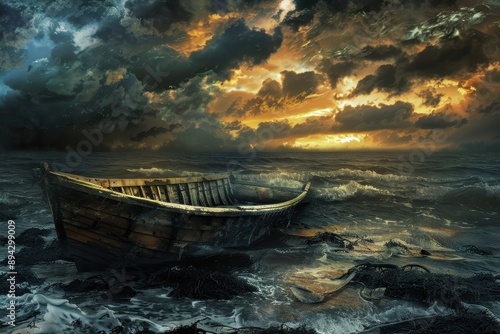 Wooden boat on stormy sea with dark clouds and bright sunset