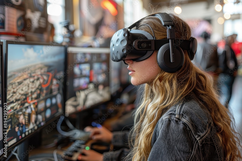 A woman wearing a virtual reality headset in public space bokeh style background A woman wearing a virtual reality headset in public space bokeh style background