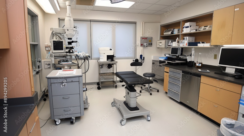 A surgery room featuring an advanced anesthesia machine, surgical microscopes, and a clean, organized layout. A surgery room featuring an advanced anesthesia machine, surgical microscopes, and a clean, organized layout.