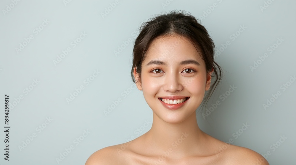 Realistic portrait of a happy Vietnamese woman with a beaming smile on a plain background, emphasizing her joyful demeanor and natural beauty. Realistic photo, Portrait , Minimalism, Realistic portrait of a happy Vietnamese woman with a beaming smile on a plain background, emphasizing her joyful demeanor and natural beauty. Realistic photo, Portrait , Minimalism,