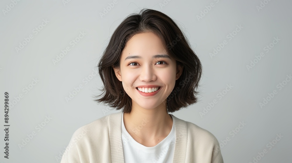 Realistic portrait of a happy Vietnamese woman with a beaming smile on a plain background, emphasizing her joyful demeanor and natural beauty. Realistic photo, Portrait , Minimalism, Realistic portrait of a happy Vietnamese woman with a beaming smile on a plain background, emphasizing her joyful demeanor and natural beauty. Realistic photo, Portrait , Minimalism,