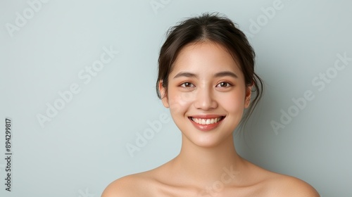 Realistic portrait of a happy Vietnamese woman with a beaming smile on a plain background, emphasizing her joyful demeanor and natural beauty. Realistic photo, Portrait , Minimalism,