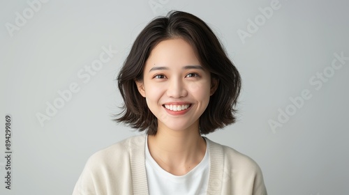 Wallpaper Mural Realistic portrait of a happy Vietnamese woman with a beaming smile on a plain background, emphasizing her joyful demeanor and natural beauty. Realistic photo, Portrait , Minimalism, Torontodigital.ca