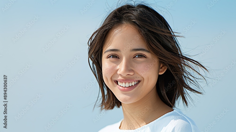 Hyper-detailed portrait of a joyful Filipino woman with a bright smile on a clear background, capturing her beauty and happiness through her expressive eyes. Realistic photo, Portrait , Minimalism, Hyper-detailed portrait of a joyful Filipino woman with a bright smile on a clear background, capturing her beauty and happiness through her expressive eyes. Realistic photo, Portrait , Minimalism,