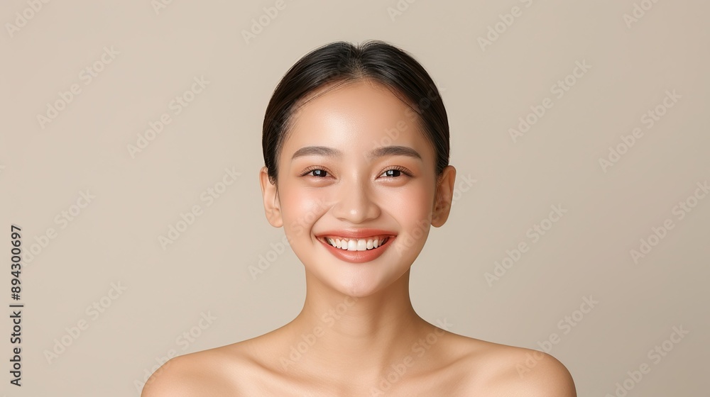 Realistic photograph of a smiling Thai woman on a plain background, showcasing her beauty and joyful expression through her radiant smile. Realistic photo, Portrait , Minimalism, Realistic photograph of a smiling Thai woman on a plain background, showcasing her beauty and joyful expression through her radiant smile. Realistic photo, Portrait , Minimalism,