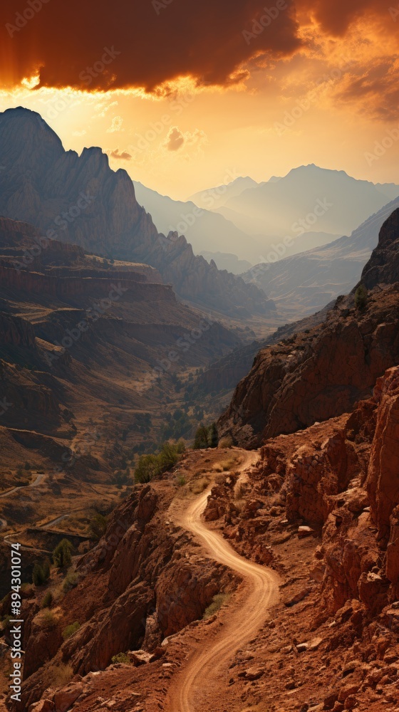 Obraz premium A dirt road leading off into the distance to mountains on the horizon at sunset. 