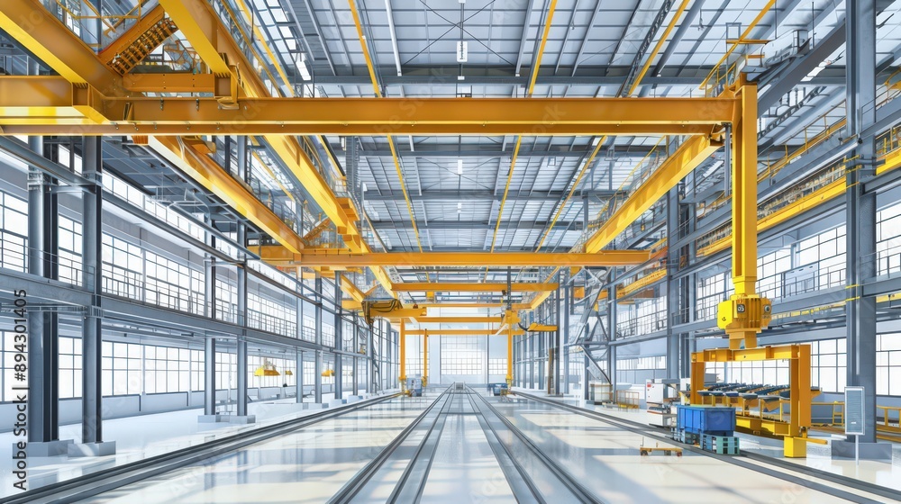 Focus on the synchronized movements of automated cranes and machinery assembling structural components Focus on the synchronized movements of automated cranes and machinery assembling structural components