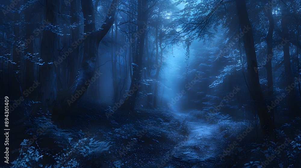 A mystical blue forest scene illuminated by soft light, creating an enchanting and serene atmosphere. A mystical blue forest scene illuminated by soft light, creating an enchanting and serene atmosphere.