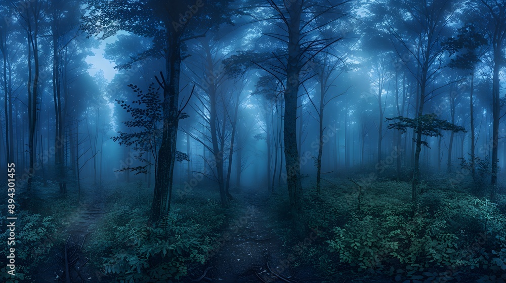 Obraz premium A serene misty forest landscape with tall trees shrouded in a mysterious blue fog, inviting exploration and tranquility. 