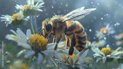 A bee sips nectar from a flower, using its long tongue to reach deep inside. The bee's body is covered in tiny hairs that help it collect pollen. photo