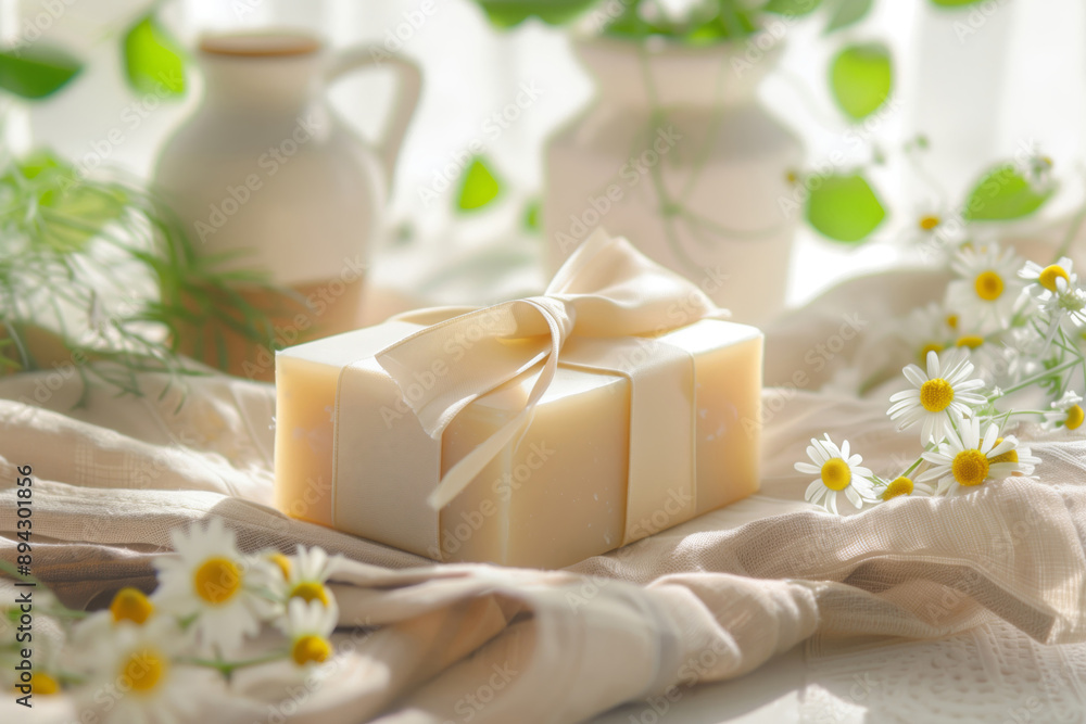 Handmade soap bars with camomile and floral decorations. Close-up studio shot. Spa and wellness concept Handmade soap bars with camomile and floral decorations. Close-up studio shot. Spa and wellness concept