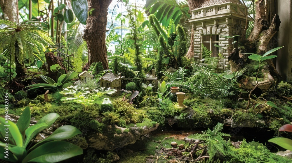 A miniature forest scene with tiny homes nestled among the vibrant greenery A miniature forest scene with tiny homes nestled among the vibrant greenery