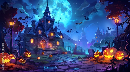 A spooky Halloween night scene featuring a haunted house illuminated by a full moon, surrounded by pumpkins and bats, perfect for seasonal themes and decorations.  photo