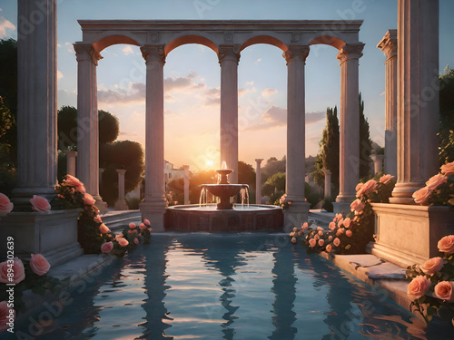 Roman Pool Climbing Roses Columns Fountain sunset photo