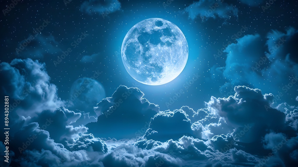 A breathtaking night sky featuring a luminous full moon surrounded by ethereal clouds and twinkling stars. A breathtaking night sky featuring a luminous full moon surrounded by ethereal clouds and twinkling stars.