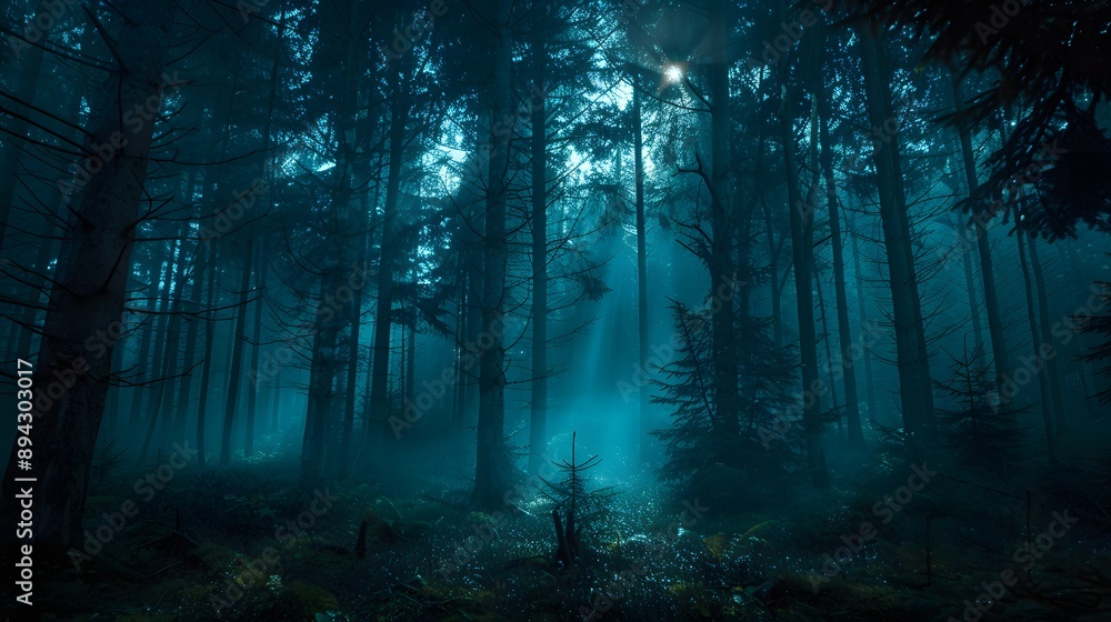 Obraz premium A mysterious forest scene illuminated by soft rays of light breaking through dense, dark trees creates an enchanting atmosphere.