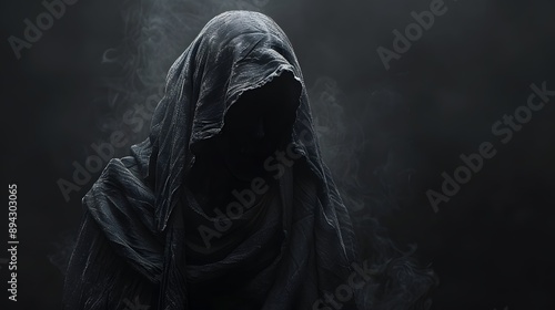 A mysterious cloaked figure shrouded in darkness, evoking a sense of intrigue and suspense. 