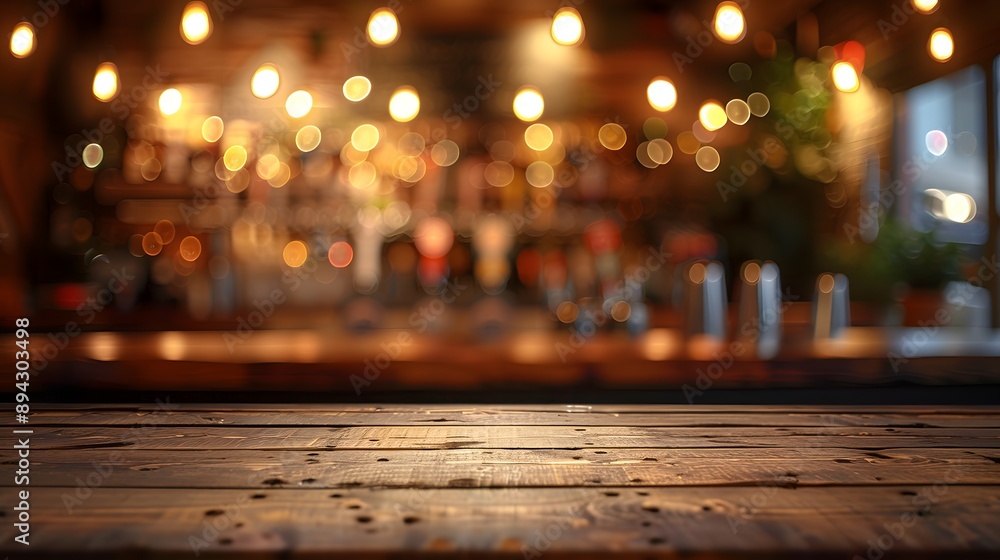 A warm and inviting blurred bar scene with soft bokeh lights and a rustic wooden countertop ready for use. A warm and inviting blurred bar scene with soft bokeh lights and a rustic wooden countertop ready for use.