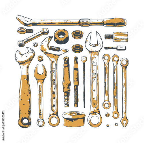 Wrenches, screwdrivers, and nuts, drawn in a simple style ,generative ai