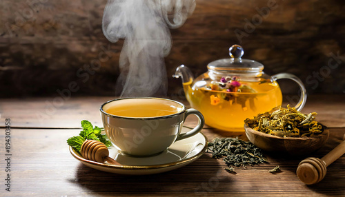 A cup of herbal tea and teapot on wooden table. Herbal teas and healthy lifestyle concept