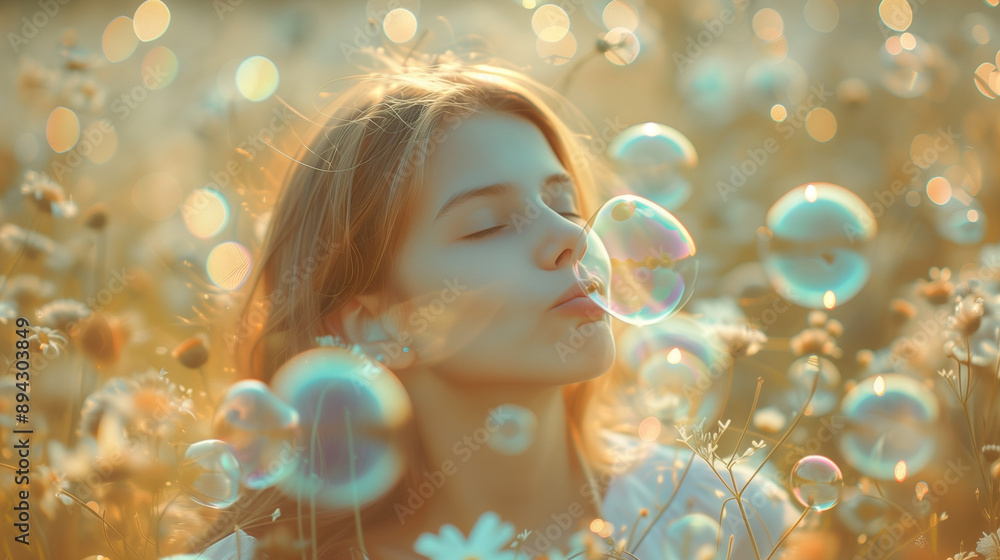Fototapeta premium Young girl blowing bubbles in a meadow